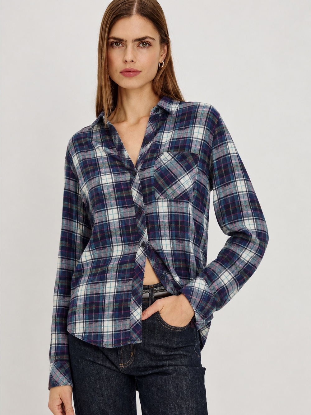 Rails Plaid Flannel Button Down Shirt Navy Green Cream Size S
